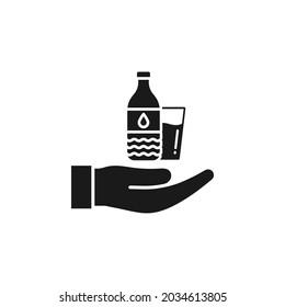 Water bottle and glass on hand icon flat style isolated on white background. Vector illustration