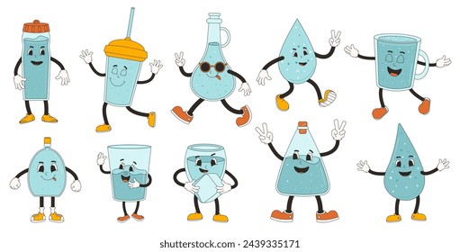 Water bottle and glass retro cartoon mascots set. Drink rubber hose animation style groovy characters. Beverage cute anthropomorphic. Ecologic and wellness vector flat illustration isolated.