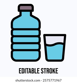 Water Bottle With Glass Vector Icon, Water Isolated Vector Icon. 