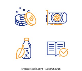Water bottle, Gpu and Bitcoin icons simple set. Approved documentation sign. Mint leaf drink, Graphic card, Cryptocurrency coin. Instruction book. Business set. Linear water bottle icon. Vector