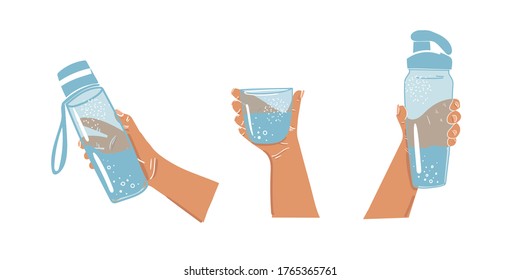 Water bottle in hand on an isolated background. Daily water balance. Water bottles for sports. Glass of water in hand. Drink during sports. Background for a site. Vector.