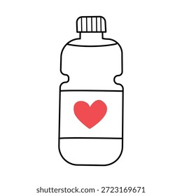 Botella de agua con un corazón. Doodle, lineal