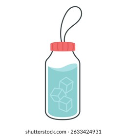 Water bottle with ice cubes on white background. Minimal cartoon hydration design for summer, fitness, lifestyle apps