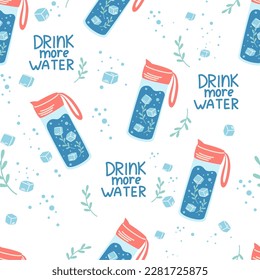 Water bottle with ice cubes seamless pattern. Refreshing summer drink background. For packaging, prints, covers and brochures, baby products, holidays.  Colored flat vector illustration