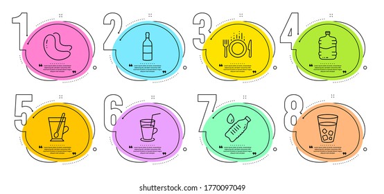 Water bottle, Ice tea and Cashew nut signs. Timeline steps infographic. Cocktail, Tea mug and Cooler bottle line icons set. Food symbol. Fresh beverage, Cup with teaspoon. Food and drink set. Vector