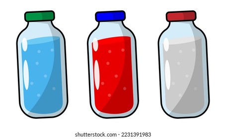 Water Bottle icon. Different colors. Colorful bottles set. Different liquids, various beverages.