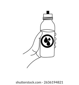 Water bottle icon. Hand holding symbol. Vector hydration emblem. Droplet logo detail.