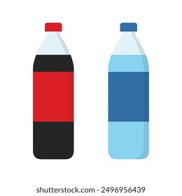 Water bottle icon. Soda, water, bottle icon. Set of sweet water plastic bottle soda, lemon, and water. Drinks in bottles. Plastic beverage bottles icon set. Bottled cold drinks flat design.
