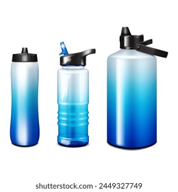 Water bottle isolated on white background. Vector mock-up blue color set. Reusable travel sport flask. Realistic mockup