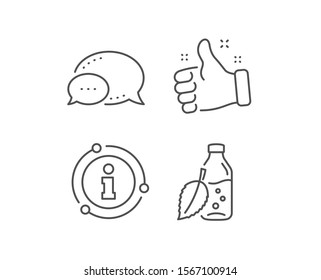 Water bottle line icon. Chat bubble, info sign elements. Soda aqua drink sign. Mint leaf symbol. Linear water bottle outline icon. Information bubble. Vector
