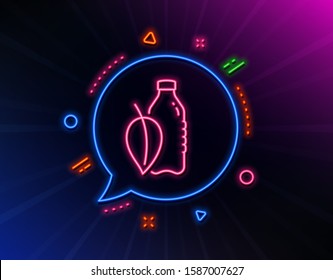 Water bottle line icon. Neon laser lights. Soda aqua drink sign. Mint leaf symbol. Glow laser speech bubble. Neon lights chat bubble. Banner badge with water bottle icon. Vector