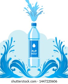 Water bottle made of plastic banner vector illustration. Healthy agua bottles with label. Clean pure drink in container. Super natural water on wave background for advertisement. Packaging.