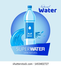 Water bottle made of plastic banner vector illustration. Healthy agua bottles with label. Clean drink in container. Super natural water on wave background for advertisement.