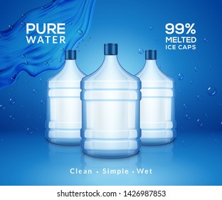 Water bottle mineral background. Plastic water bottle advertising drink cooler, splash clear water product.