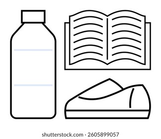 Water bottle, open book, and running shoe in minimalist line art style. Ideal for education, health, fitness, hydration, reading, self-improvement, lifestyle themes. Black and white line art