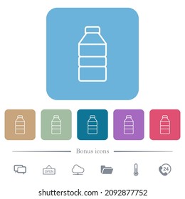 Water bottle outline white flat icons on color rounded square backgrounds. 6 bonus icons included