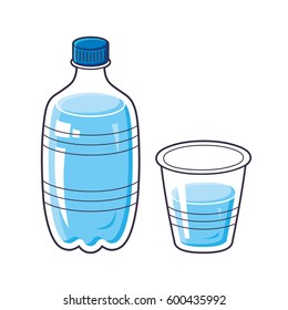 Water bottle and plastic cup or glass isolated.