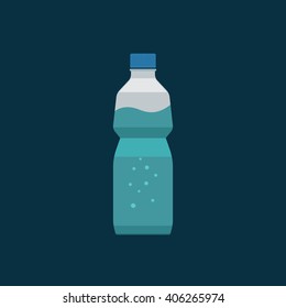 Water bottle plastic vector illustration isolated on dark blue background, bottle of mineral water with bubbles inside, flat icon simple cartoon design