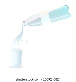 Water from a bottle pours into a glass. Pure water. Bottle. Plastic.