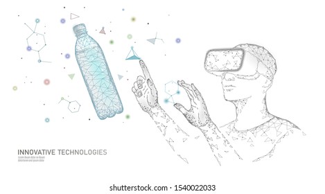 Water bottle quality test science engineering concept. Lab control research analysis innovation technology low poly. Virtual reality chemistry clean water medical experiment vector illustration