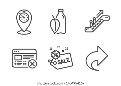 Water bottle, Reject web and Timer icons simple set. Escalator, Sale and Share signs. Mint leaf drink, No internet. Line water bottle icon. Editable stroke. Vector