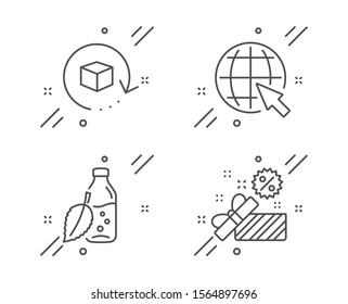 Water bottle, Return package and Internet line icons set. Sale sign. Mint leaf drink, Exchange goods, World web. Gift box. Business set. Line water bottle outline icon. Vector