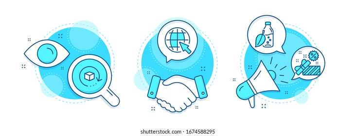 Water bottle, Return package and Internet line icons set. Handshake deal, research and promotion complex icons. Sale sign. Mint leaf drink, Exchange goods, World web. Gift box. Business set. Vector