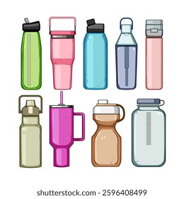 water bottle reusable set cartoon. sustainable hydration, bpa free, portable leakproof water bottle reusable sign. isolated symbol vector illustration