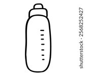 Water bottle. Shaker for sports nutrition. Quenching thirst. Measuring cup with lid. Icon,element,symbol,logo isolated on white background. Hand drawn vector illustration. Line, doodle, coloring.