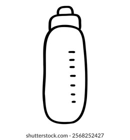 Water bottle. Shaker for sports nutrition. Quenching thirst. Measuring cup with lid. Icon,element,symbol,logo isolated on white background. Hand drawn vector illustration. Line, doodle, coloring.