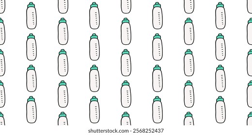 Water bottle. Shaker for sports nutrition. Quenching thirst. Measuring cup with lid. seamless pattern, wallpaper, textile, print isolated on white background. Hand drawn vector illustration.