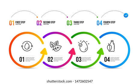 Water bottle sign. Infographics timeline. Vitamin e, Organic tested and Cold-pressed oil line icons set. Oil drop, Bio ingredients, Organic tested. Mint leaf drink. Nature set. Vitamin e icon. Vector