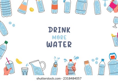 Water bottle sketches in horizontal banner. Plastic bottles line background. Drink more water. Glasses, bottles, jug, jar, flask with clean water.