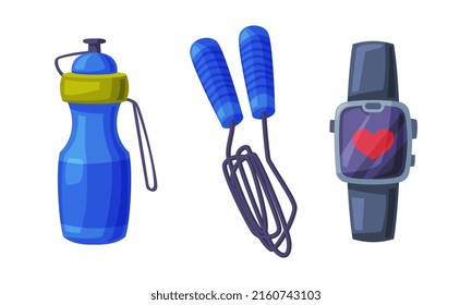 Botella de agua, cuerda para saltar y reloj inteligente. Ilustración vectorial del concepto de dieta saludable