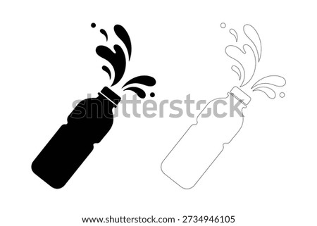 Water bottle with splashes black glyph and outline icon set isolated on white