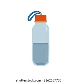 Botella de agua para deportes o fitness. Recipiente de plástico para beber de color. Ilustración vectorial dibujada a mano aislada en fondo blanco. Estilo de caricatura plano.