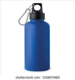 Water bottle. Stainless steel metal thermo flask. Bicycle Sport 3d package. Realistic reusable aluminum tin mockup for camping. Blue packagingwith silver tag. Recycle vessel. Promotion container