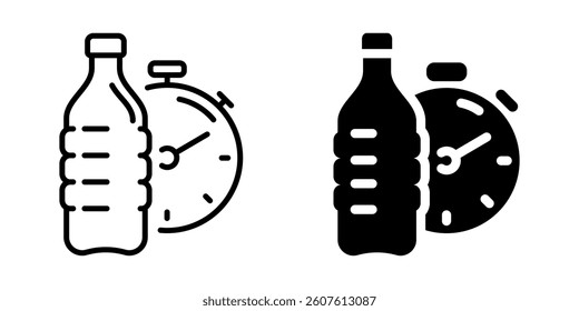 Water bottle and stopwatch icon for hydration timing. Silhouette and line style.
