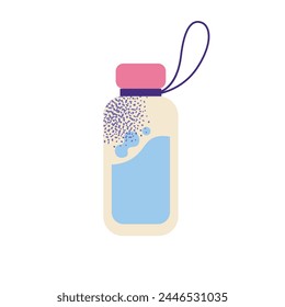 Water bottle summer travel set. Vacation accessories for sea holidays. Tourists objects bundle, sand castle, flamingo, bikini. Flat vector in modern style illustrations isolated on white background