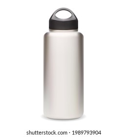 Water bottle. Thermo bottle mockup. Reusable sport bottle vector blank. Silver fitness flask with black cap 3d design. Realistic stainless steel camping can, outdoor equipment product