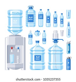 Botella de agua vectorial agua beber agua líquida embotellada en recipientes de plástico conjunto de refrigerador de agua embotellada aislado sobre fondo blanco