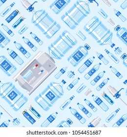 Water bottle vector water drink liquid aqua bottled in plastic container illustration set of bottling water cooler seamless pattern background
