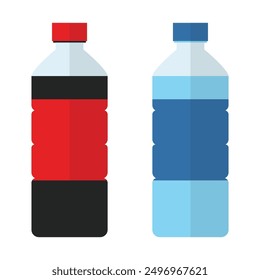Water bottle vector icon. Set of sweet water plastic bottle soda, lemon, and water. Drinks in bottles. Plastic beverage bottles icon set. Bottled cold drinks flat vector illustration.