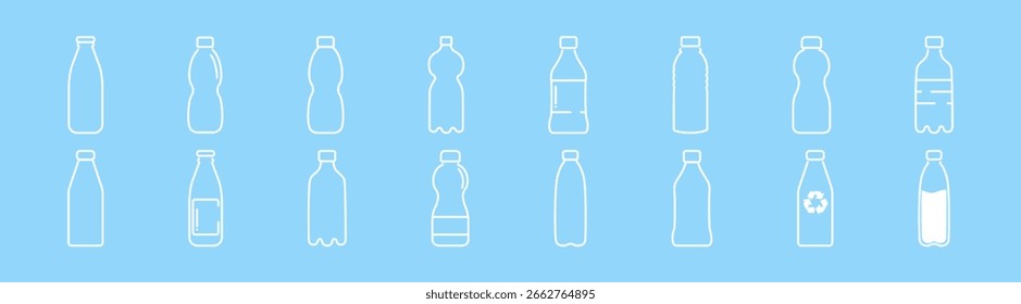 Water bottle vector icon set, plastic drink container illustration, beverage design, liquid graphic element, health and eco concept, fresh mineral water, isolated flat style on blue background.