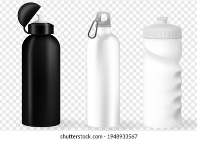 Water Bottle white, Silver and Black Empty Glossy Metal Reusable Water Bottle. Illustration of container water for sport bike and fitness. Vector realistic 3d.