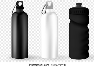 Water Bottle White, Silver And Black Empty Glossy Metal Reusable Water Bottle. Illustration Of Container Water For Sport Bike And Fitness. Vector Realistic 3d.