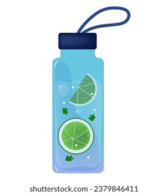 Water Bottles 3d. Concept detox drink, drinking water in a  glass bottle. Reusable sport bottle with lemon and herbs. Water balance. Vector 3d cartoo illustration