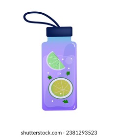 Water Bottles 3d. Concept detox drink, drinking water in a  glass bottle. Reusable sport bottle with lemon and herbs. Water balance. Vector 3d cartoo illustration