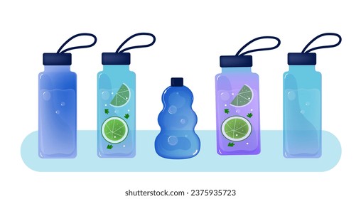 Water Bottles 3d set. Concept detox drink, drinking water in a  glass bottle. Reusable sport bottle with lemon and herbs. Water balance. Vector 3d cartoo illustration