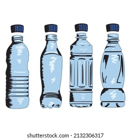 Water bottles with caps. Vector. Isolated on white background. Vintage drawing style.
